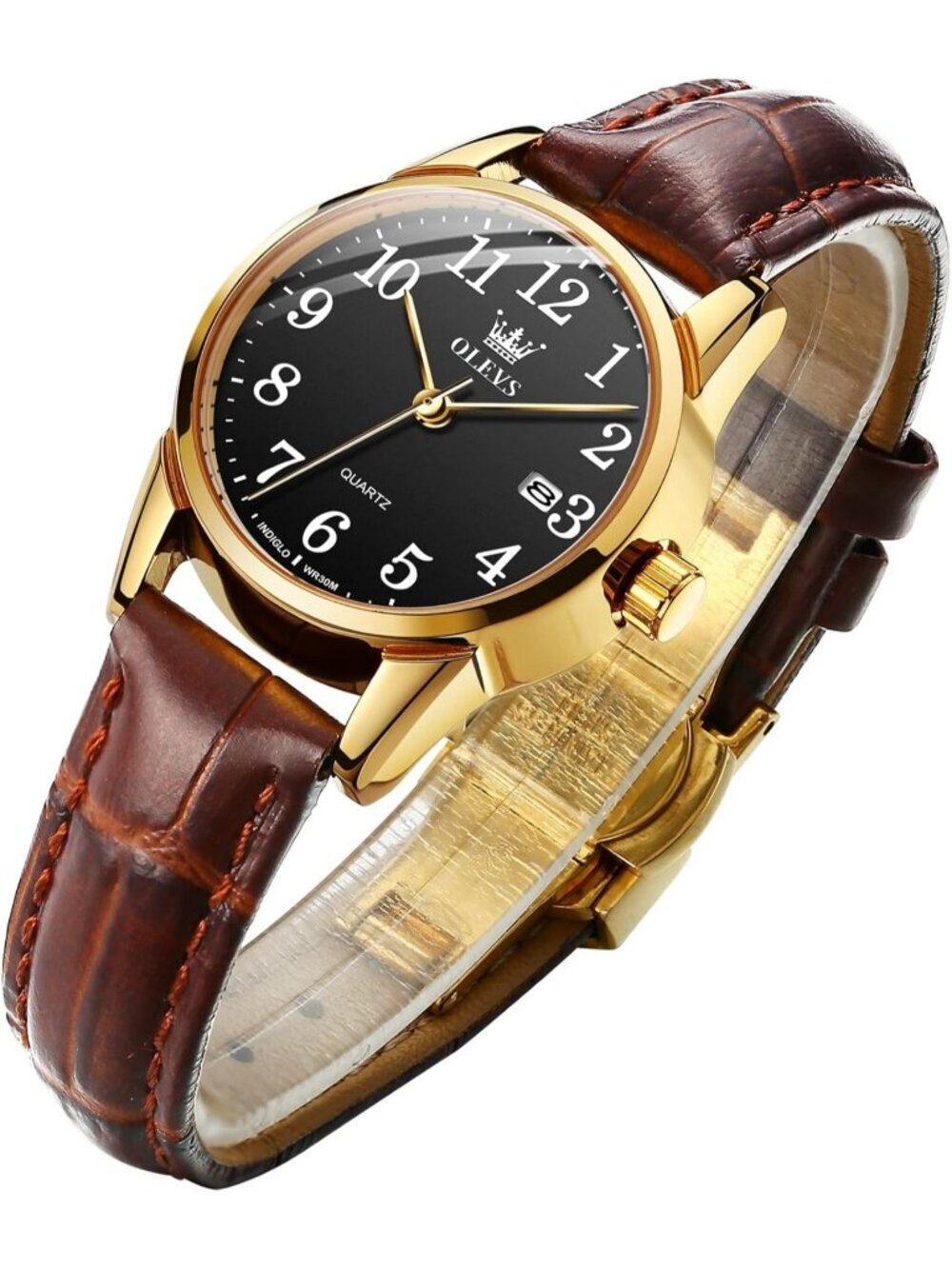 Olevs Women's Black And Brown Leather Analog Waterproof Reloj Mujer Luxury Watch
